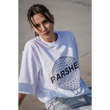 Parshey Dünya Desenli Beyaz Oversize T-Shirt