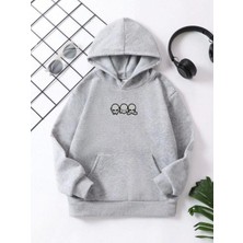 Mofp Çocuk Unisex Kapüşonlu Mini Kafa Baskılı Pamuklu Sweatshirt - Gri