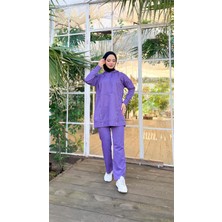 Bwest Kapşonlu Çıtçıt Detaylı Kısa Sweat Pantolon İkili Tesettür Eşofman Takımı - 03079 - Koyu Lila