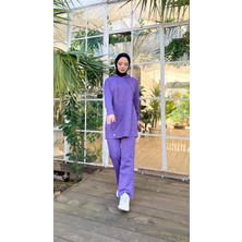 Bwest Kapşonlu Çıtçıt Detaylı Kısa Sweat Pantolon İkili Tesettür Eşofman Takımı - 03079 - Koyu Lila