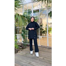 Bwest Kapşonlu Çıtçıt Detaylı Kısa Sweat Pantolon İkili Tesettür Eşofman Takımı - 03079 - Siyah