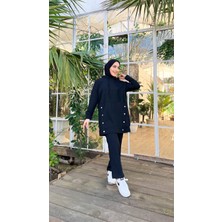 Bwest Kapşonlu Çıtçıt Detaylı Kısa Sweat Pantolon İkili Tesettür Eşofman Takımı - 03079 - Siyah