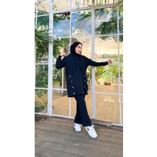 Bwest Kapşonlu Çıtçıt Detaylı Kısa Sweat Pantolon İkili Tesettür Eşofman Takımı - 03079 - Siyah