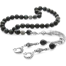 Gümüş Hediye Al Kararmaz Metal Ayyıldız Püsküllü Küre Kesim Gri Kaplangözü Doğaltaş Tesbih