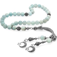 Gümüş Hediye Al Kararmaz Metal Ayyıldız Püsküllü Küre Kesim Larimar Doğaltaş Tesbih