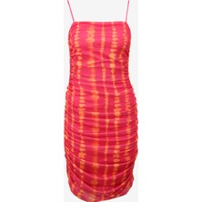 Fabrika Straplez Yaka Batik Pembe - Turuncu Midi Kadın Elbise F4SL-ELB0808