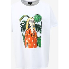Fabrika Bisiklet Yaka Baskılı Kırık Beyaz Kadın T-Shirt F4SL-TST0109