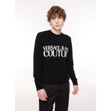 Versace Jeans Couture Bisiklet Yaka Slim Fit Siyah - Beyaz Erkek Kazak 75Gafm01Cm31Ha0E