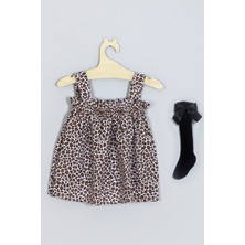 Adabebek Leopar Elbise Dizaltı Fiyonk Çorap Set 007