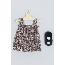 Adabebek Leopar Elbise Dizaltı Fiyonk Çorap Set 007