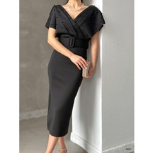 Twomeey Kadın Kemerli Inci Detay Dalgıç Kumaş Abiye Elbise (Renkli)