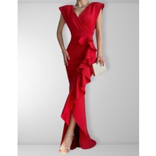 Twomeey Kadın Krep Kumaş Yaka Eteği Volanlı Abiye Elbise (Renkli)