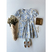 Küçüğüm Butik Pastel Çiçek Desenli Kloş Karpuz Kol Kız Çocuk Elbise