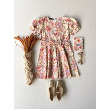 Küçüğüm Butik Pastel Çiçek Desenli Kloş Karpuz Kol Kız Çocuk Elbise