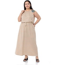 Disentis Modest Büyük Beden Beli Lastikli Vizon Çizgili Uzun Elbise