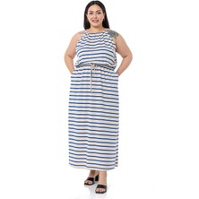 Disentis Modest Büyük Beden Beli Lastikli Saks Çizgili Uzun Elbise