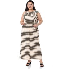 Disentis Modest Büyük Beden Beli Lastikli Siyah Çizgili Uzun Elbise