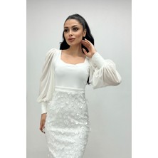 Giyimmasalı Krep Kumaş Üç Boyutlu Kalem Elbise - Beyaz