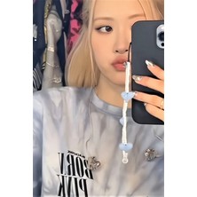 Krimo Fashion Kpop Blackpink Rose Mavi Kalpli Beyaz Boncuklu Telefon Charmı Süsü