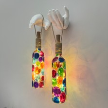 Mes Reves Design Beyaz Heykel El Dekorlu LED Işıklı Vitray Cam Şarap Şişesi Aplik 2'li Set Cafe Bahçe Ev Dekoru