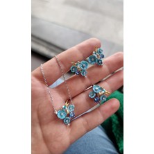 MorMajor Silver Ithal Kuşlu Sedef Çiçekli Mavi Gümüş Set