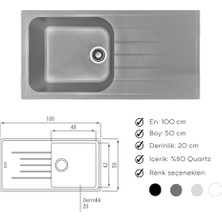 Vosh Granit Evye Açık Gri Tek Gözlü Mutfak Evyesi 100 x 50 cm