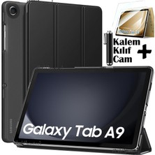 MTK Moveteck Samsung Galaxy Tab A9 8.7 Inç Tablet Kılıfı Akıllı Smart Uyku Modlu Katlanabilir Arkası Şeffaf Standlı Kılıf + Cam + Kalem 3'lü Set SM-X110 X113 X115 X117