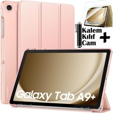 MTK Moveteck Samsung Galaxy Tab A9 Plus 11 Inç SM-X210 Tablet Kılıfı Akıllı Smart Uyku Modlu Katlanabilir Arkası Şeffaf Standlı Kılıf + Ekran Koruyucu Cam + Kalem 3'lü Set SM-X213 X215 X217