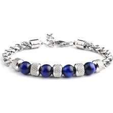 Gümüş Hediye Al Mavi Kaplangözü&çelik Kombinasyonlu Uzunluk Ayarlanabilir Avangart Erkek Bileklik