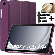 MTK Moveteck Samsung Galaxy Tab A9 Plus 11 Inç SM-X210 Tablet Kılıfı Akıllı Smart Uyku Modlu Katlanabilir Arkası Şeffaf Standlı Kılıf + Ekran Koruyucu Cam + Kalem 3'lü Set SM-X213 X215 X217