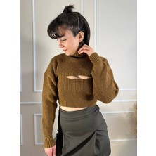 Nidi Store Kahverengi Ikili Boğazlı Bolero Kazak Takım