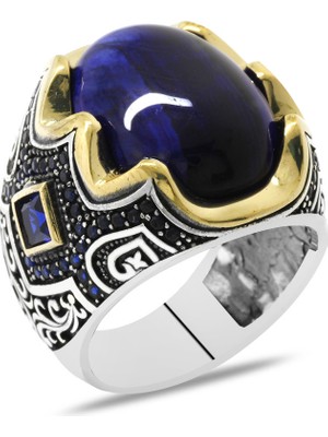 Tesbihname Mavi Kaplangözü Taşlı Yanları Gravür Işlemeli 925 Ayar Gümüş Erkek Yüzük