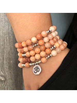 Qiuhong Shop Gümüş Yoga 5 Sarar Bilezik Unisex Trendy El Yapımı 108 Mala Yoga Bilezik Veya Kolye Om Charm Koyu Pembe Aventurin Bilezik Lotus (Yurt Dışından)