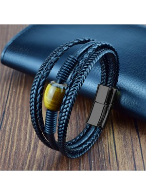 Qiuhong Shop 23CM Tarzı Kaplan Gözü - Siyah Charm Erkek Bilezik Paslanmaz Çelik Manyetik Doğal Taş Deri Boncuklu Braclet Kaymaktaşı Taş Bilezik Bilezik Zincir Hediye (Yurt Dışından)