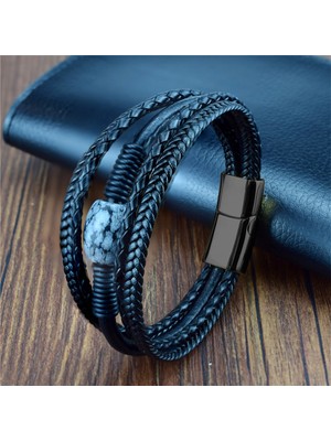 Qiuhong Shop 23CM Tarzı Kaplan Gözü - Siyah Charm Erkek Bilezik Paslanmaz Çelik Manyetik Doğal Taş Deri Boncuklu Braclet Kaymaktaşı Taş Bilezik Bilezik Zincir Hediye (Yurt Dışından)