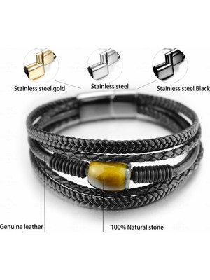 Qiuhong Shop 23CM Tarzı Kaplan Gözü - Siyah Charm Erkek Bilezik Paslanmaz Çelik Manyetik Doğal Taş Deri Boncuklu Braclet Kaymaktaşı Taş Bilezik Bilezik Zincir Hediye (Yurt Dışından)