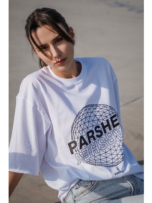 Parshey Dünya Desenli Beyaz Oversize T-Shirt