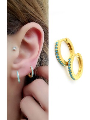 Ose Shop Turkuaz Taşlı 925ayar Gümüş Üzerine Altın Kaplama Trend Halka Küpe 1 cm çap