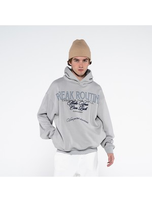 Friday Offset Matt Erkek Açık Gri Ekstra Oversize Kapüşonlu Hoodie Sweatshirt - Şardonlu 3 Iplik