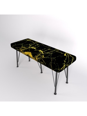 YIRMI15 Metal Ayaklı Babyface Puf & Bench - Black And Gold Baskılı Bench Desen Bench