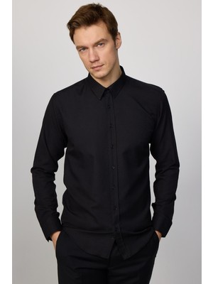 Tudors Modern Slim Fit Uzun Kollu Pamuklu Kolay Ütü Armürlü Siyah Erkek Gömlek