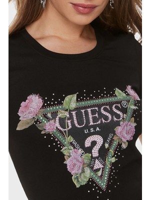 Guess Ss Rn Floral Pamuklu Slim Fit Bisiklet Yaka T Shirt W4RI28J1314JBLK Kadın T Shirt W4RI28J1314 Jblk