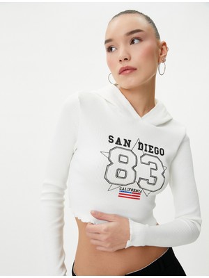 Koton Crop Kapüşonlu Tişört Baskılı Uzun Kollu Ribanalı Pamuklu