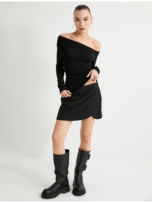 Koton Omzu Açık Tişört Asimetrik Yaka Uzun Kollu Drapeli Viskoz Kumaş