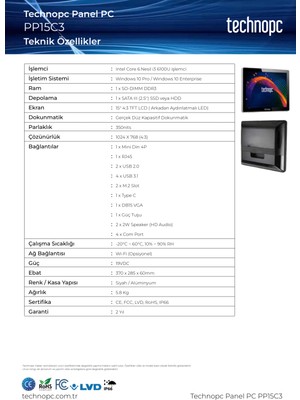 Technopc PP15C3 İ3-6100U 8GB&256GB Freedos Panel Pc