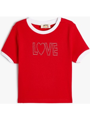 Koton Crop Tişört Kısa Kollu Bisiklet Yaka Pullu Slogan Baskılı Pamuklu