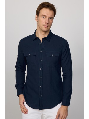 Tudors Slim Fit Uzun Kol Çift Cep Pamuk Keten Spor Yaka Lacivert Erkek Gömlek