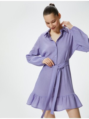 Koton Mini Gömlek Elbise Uzun Kollu Kemer Detaylı Dokulu Viskoz Kumaş Karışımlı