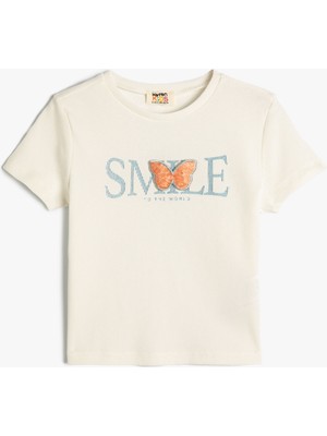 Koton Tişört Parıltılı Kısa Kollu Bisiklet Yaka Ribanalı Pamuklu