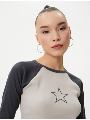 Koton Crop Tişört Renk Bloklu Uzun Kollu Bisiklet Yaka Ribanalı Pamuklu